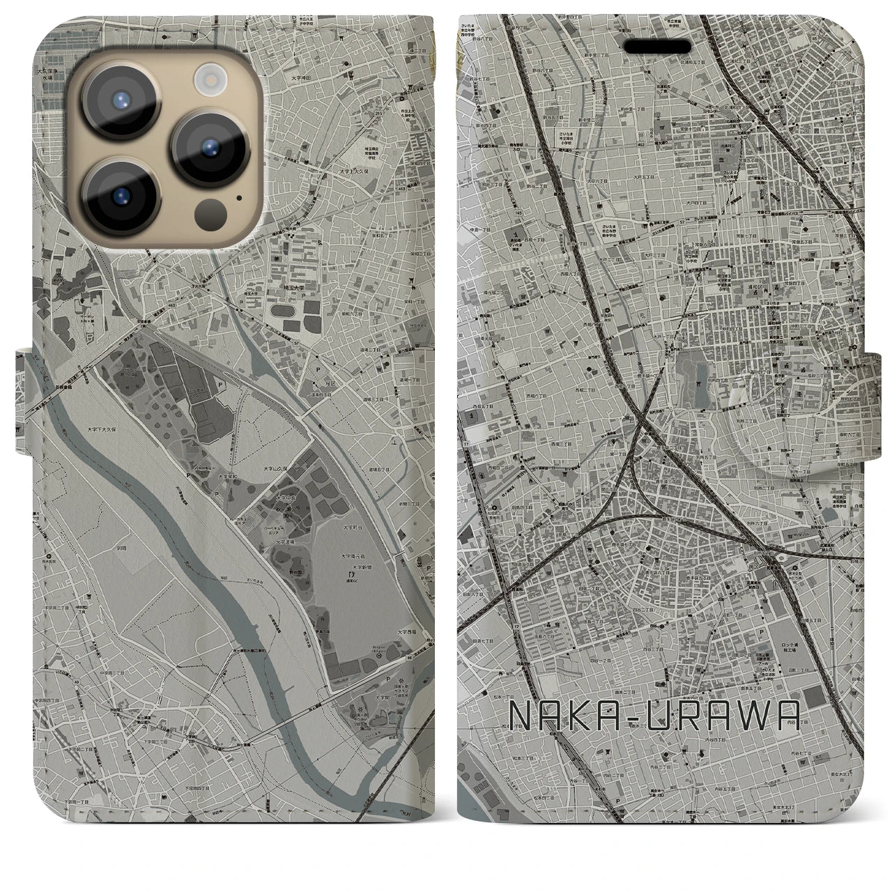 【中浦和(埼玉県)】地図柄iPhoneケース(手帳タイプ)モノトーン・iPhone 14 Pro Max 用