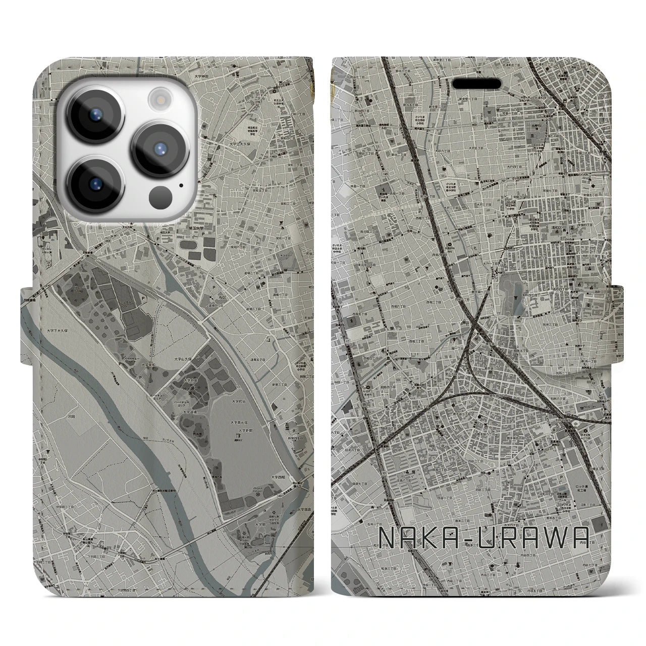 【中浦和(埼玉県)】地図柄iPhoneケース(手帳タイプ)モノトーン・iPhone 14 Pro 用