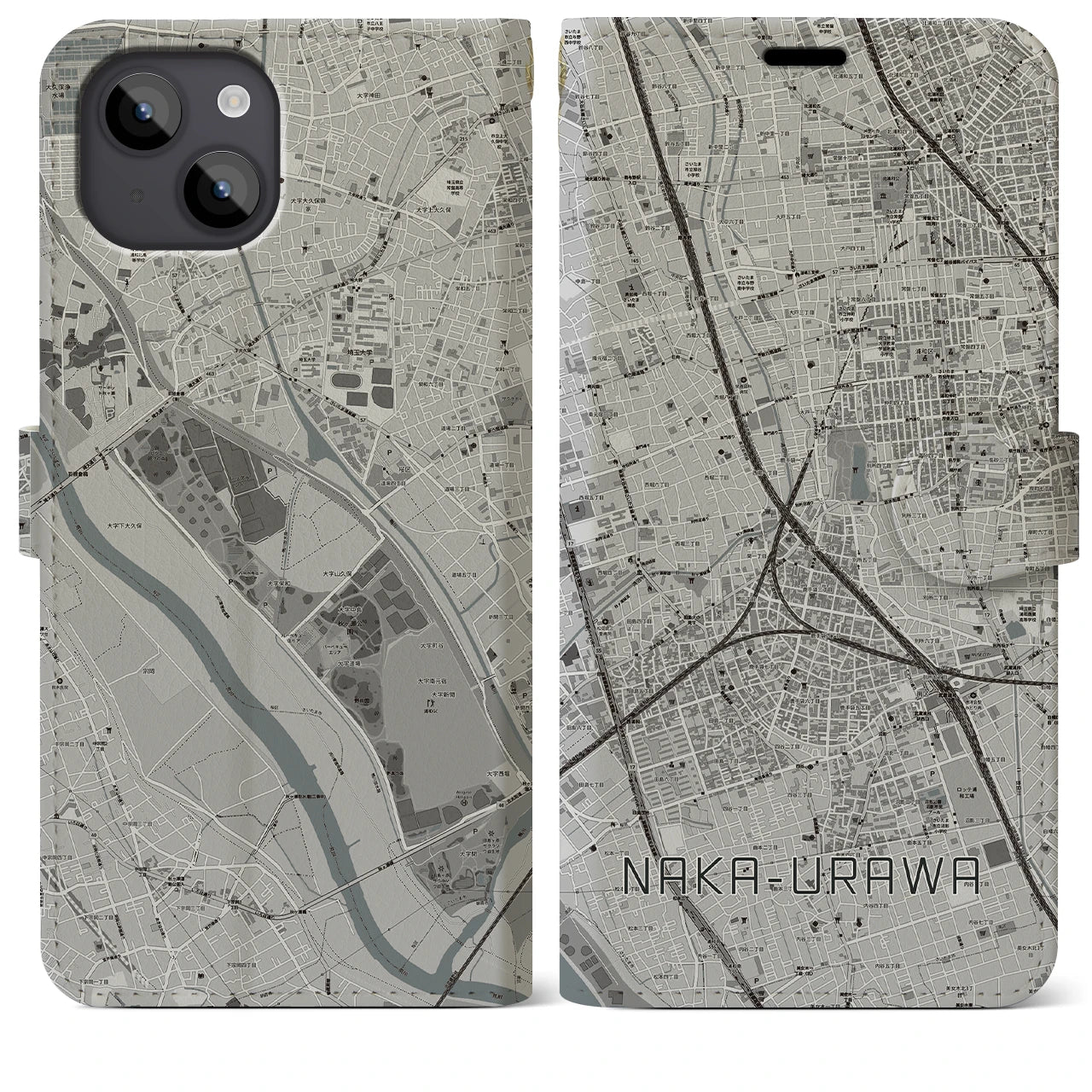 【中浦和(埼玉県)】地図柄iPhoneケース(手帳タイプ)モノトーン・iPhone 14 Plus 用