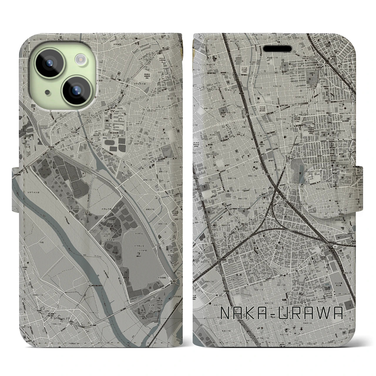 【中浦和(埼玉県)】地図柄iPhoneケース(手帳タイプ)モノトーン・iPhone 15 用