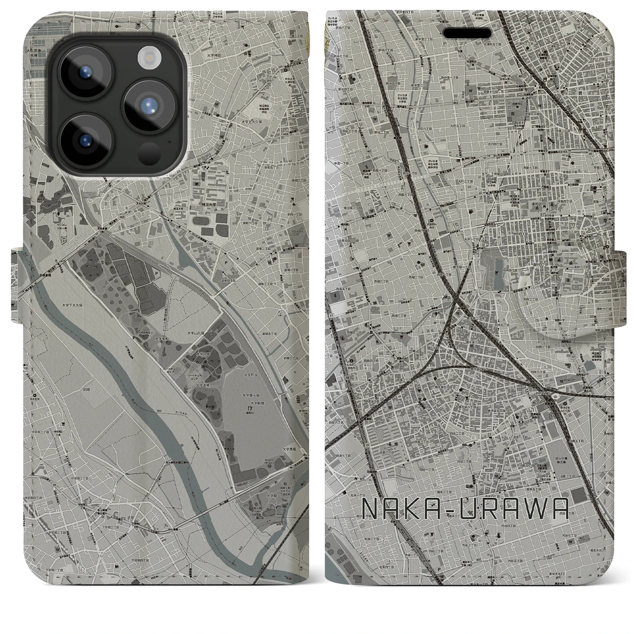 【中浦和(埼玉県)】地図柄iPhoneケース(手帳タイプ)モノトーン・iPhone 15 Pro Max 用