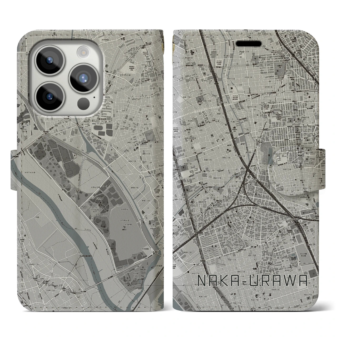 【中浦和(埼玉県)】地図柄iPhoneケース(手帳タイプ)モノトーン・iPhone 15 Pro 用