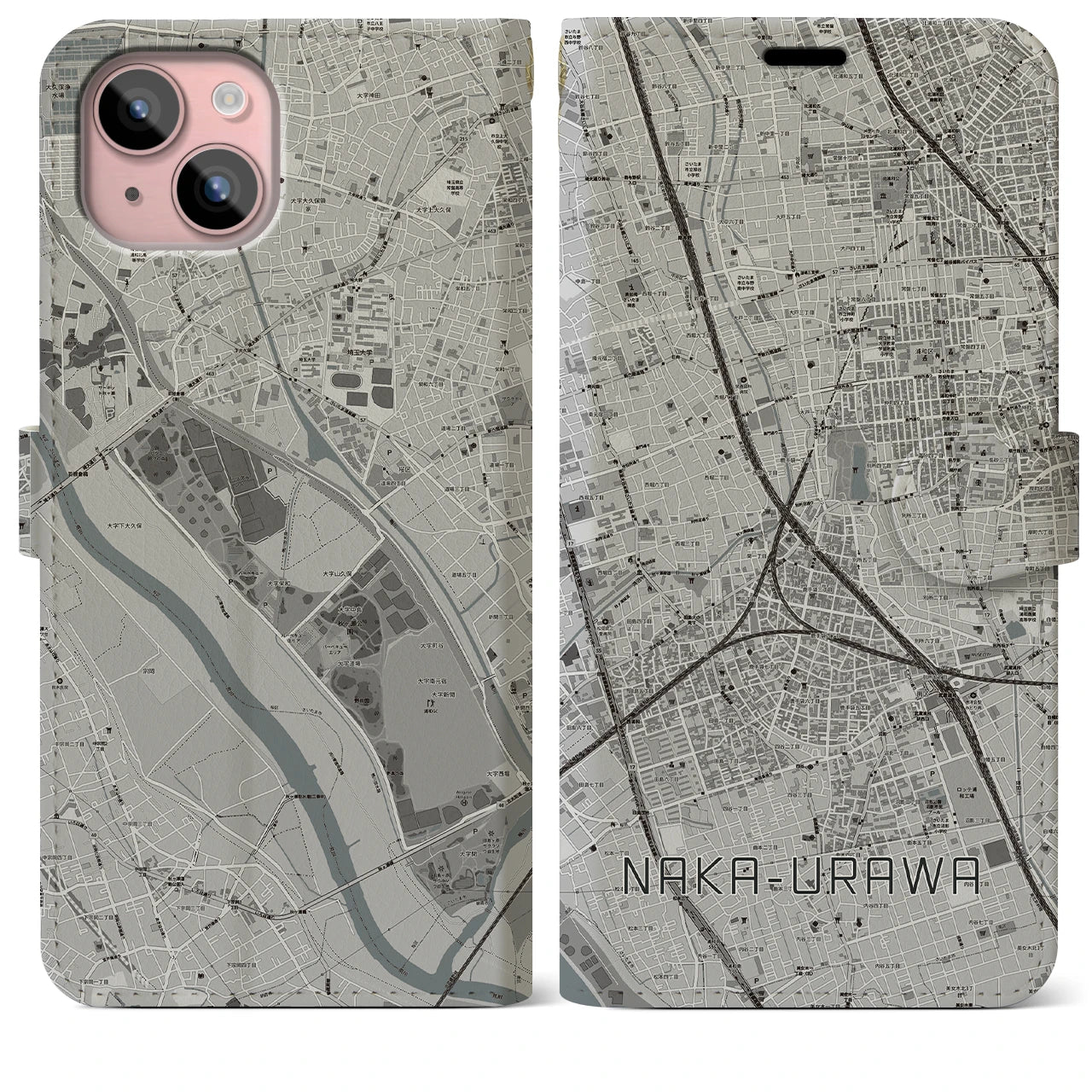 【中浦和(埼玉県)】地図柄iPhoneケース(手帳タイプ)モノトーン・iPhone 15 Plus 用