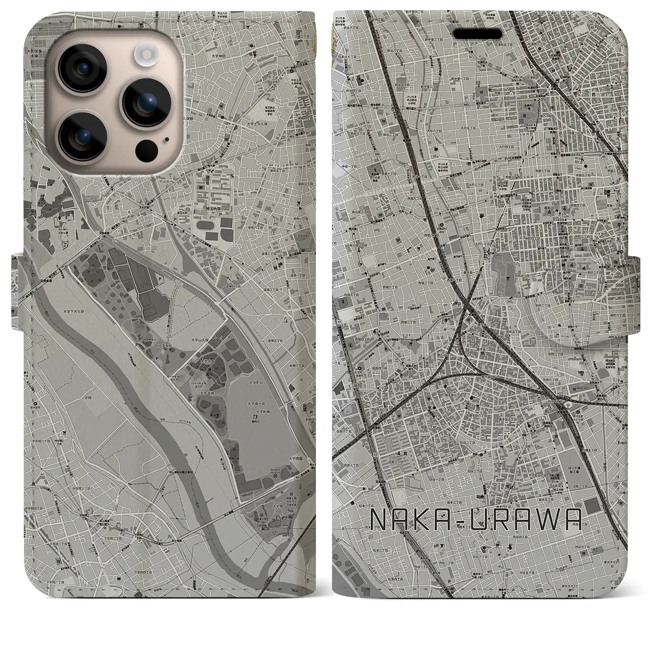 【中浦和(埼玉県)】地図柄iPhoneケース(手帳タイプ)モノトーン・iPhone 16 Plus 用