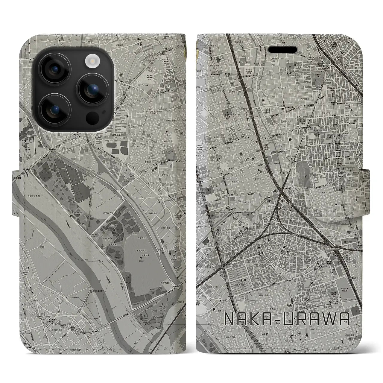 【中浦和(埼玉県)】地図柄iPhoneケース(手帳タイプ)モノトーン・iPhone 16 用