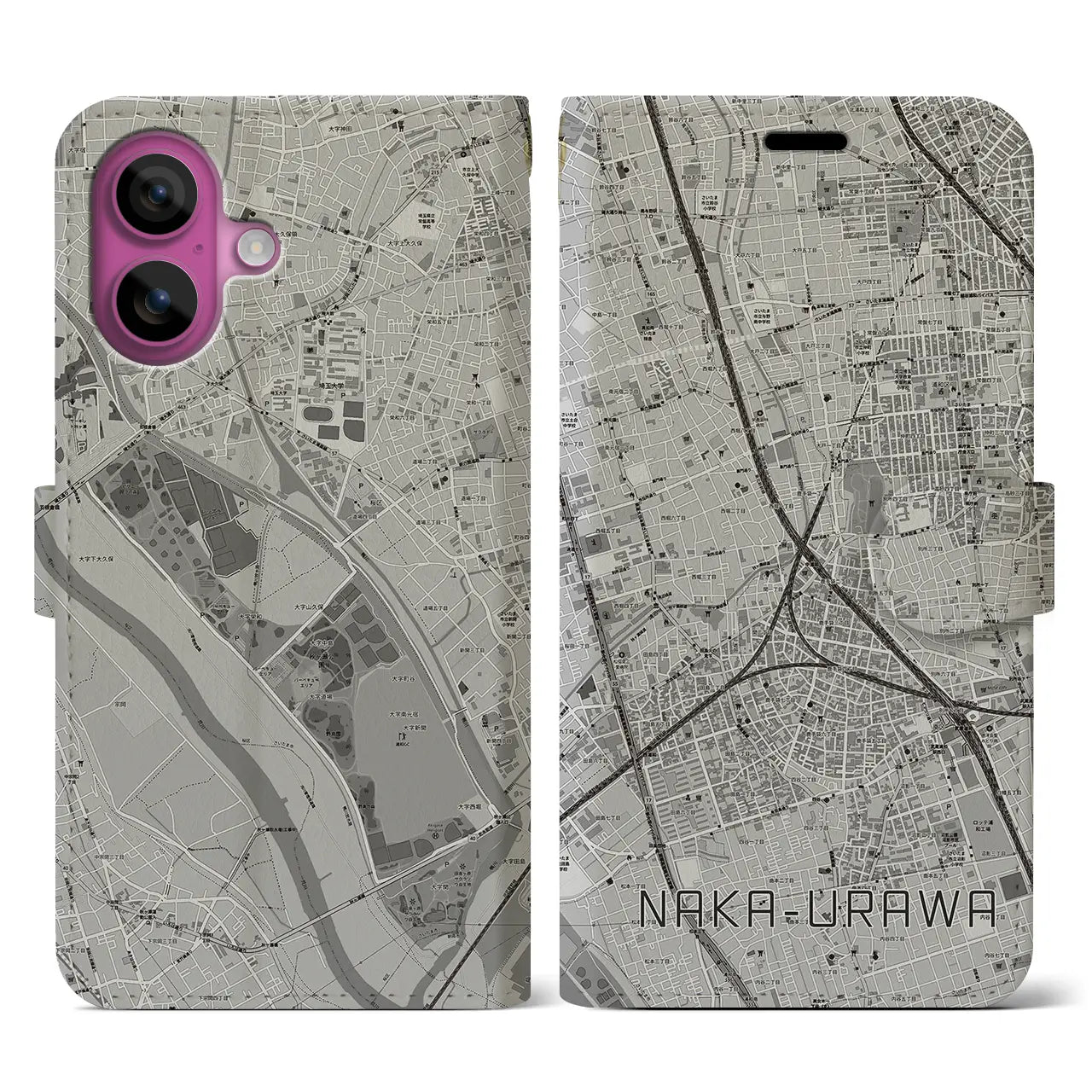 【中浦和(埼玉県)】地図柄iPhoneケース(手帳タイプ)モノトーン・iPhone 16 Pro 用