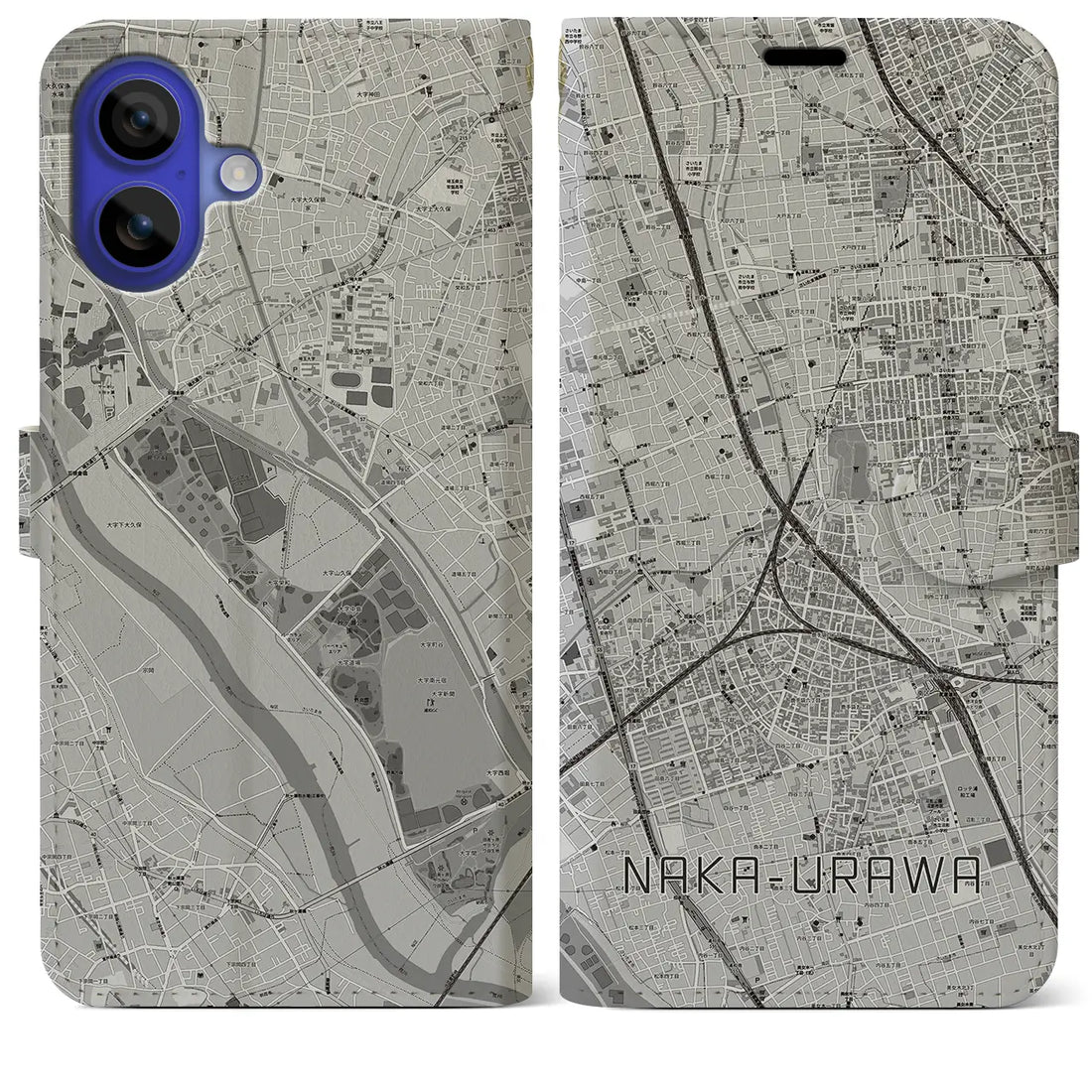 【中浦和(埼玉県)】地図柄iPhoneケース(手帳タイプ)モノトーン・iPhone 16 Pro Max 用