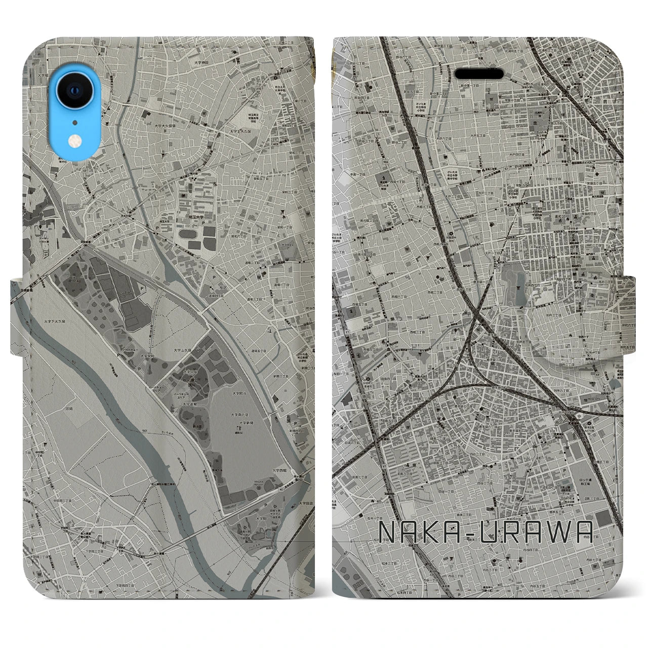 【中浦和(埼玉県)】地図柄iPhoneケース(手帳タイプ)モノトーン・iPhone XR 用