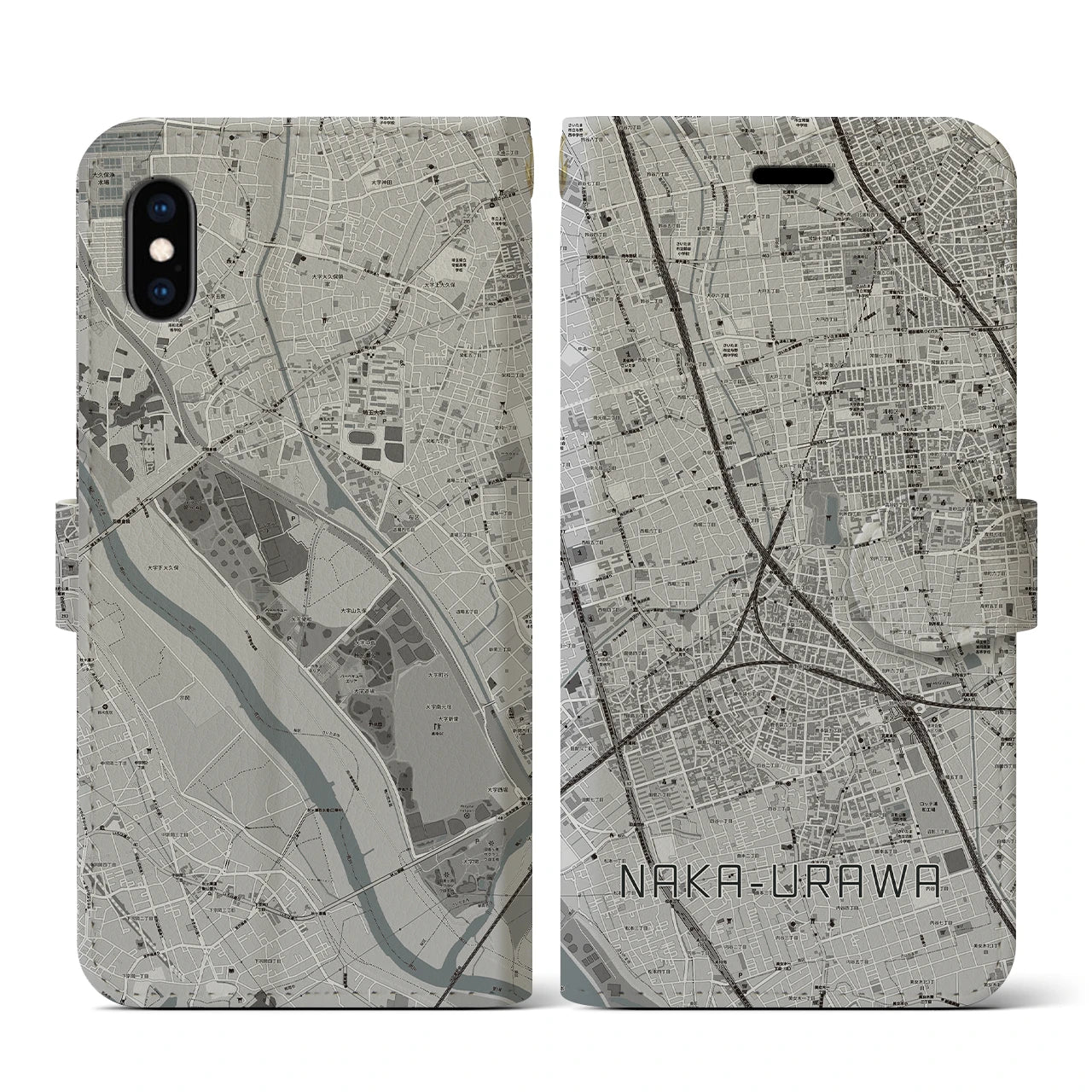 【中浦和(埼玉県)】地図柄iPhoneケース(手帳タイプ)モノトーン・iPhone XS / X 用