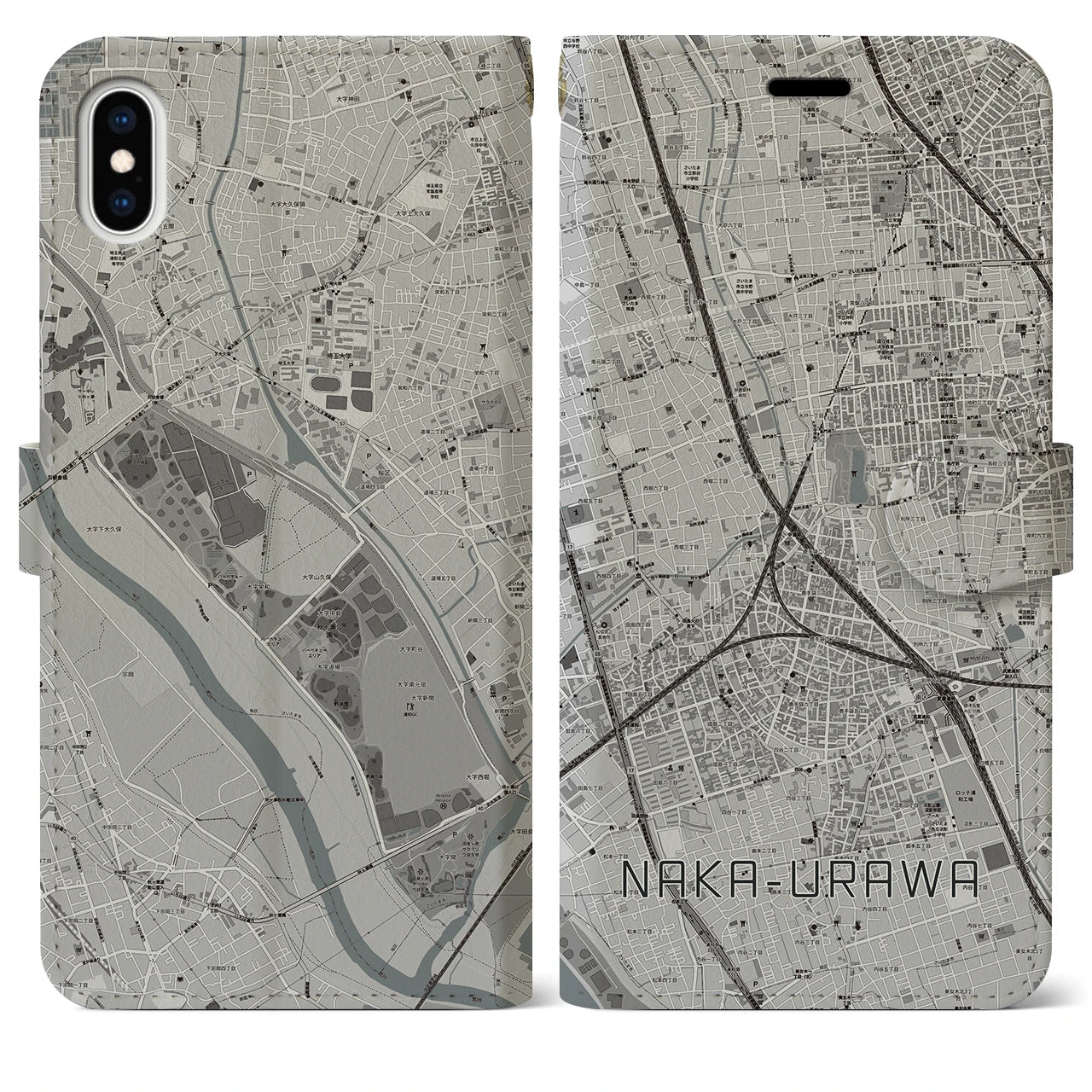 【中浦和(埼玉県)】地図柄iPhoneケース(手帳タイプ)モノトーン・iPhone XS Max 用
