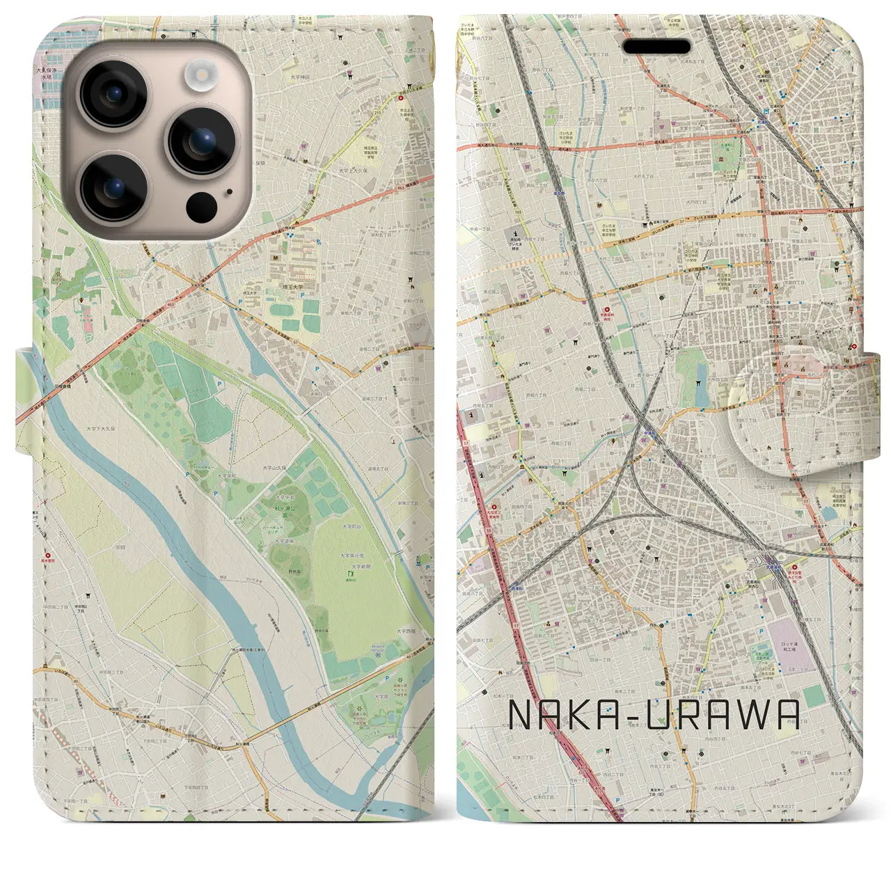 【中浦和(埼玉県)】地図柄iPhoneケース(手帳タイプ)ナチュラル・iPhone 16 Plus 用