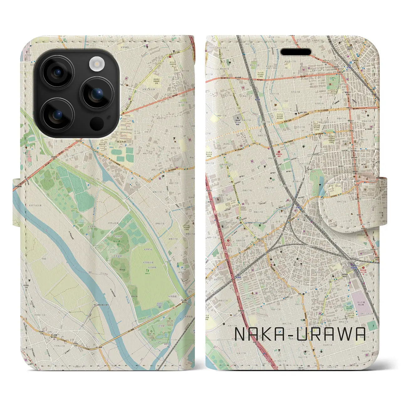 【中浦和(埼玉県)】地図柄iPhoneケース(手帳タイプ)ナチュラル・iPhone 16 用
