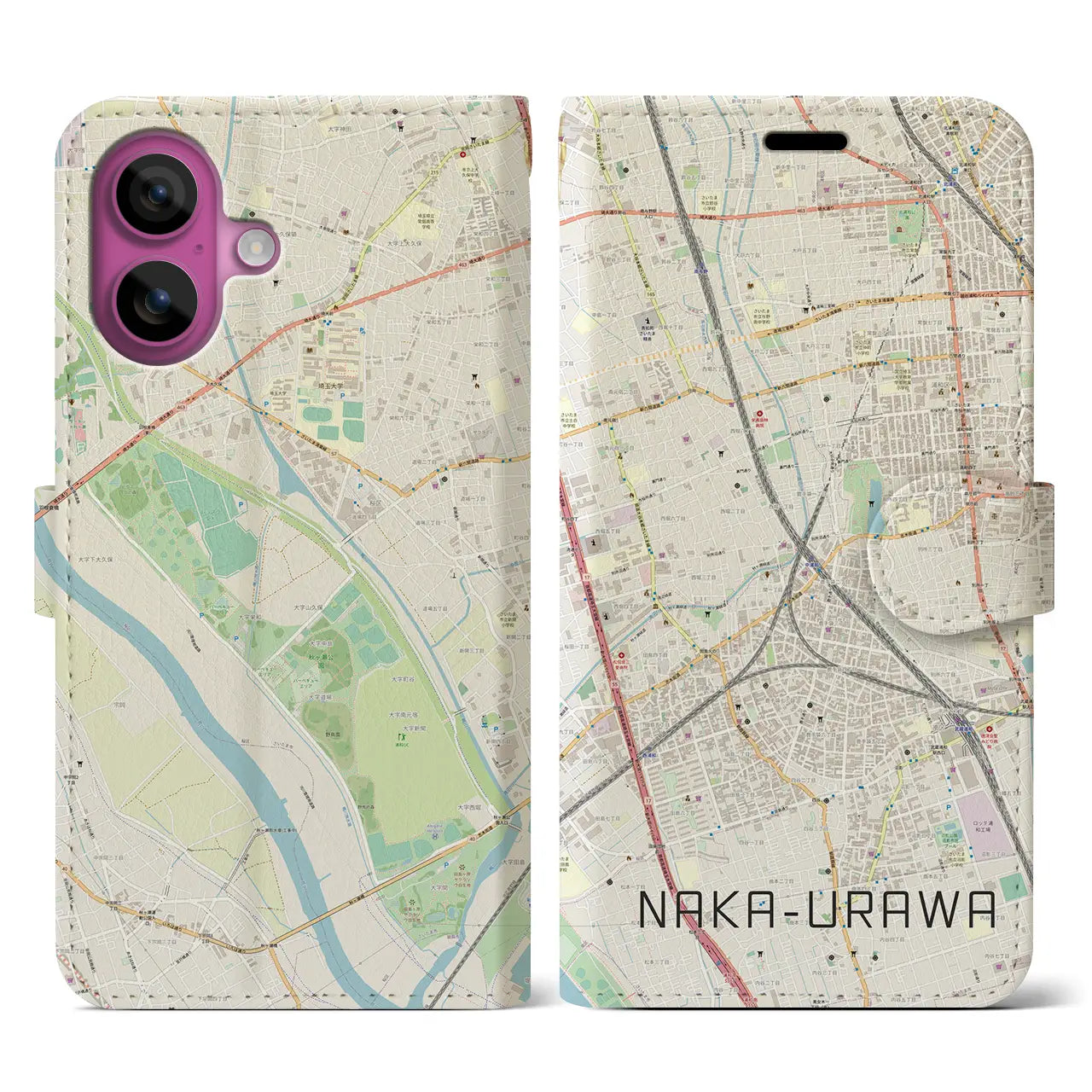 【中浦和(埼玉県)】地図柄iPhoneケース(手帳タイプ)ナチュラル・iPhone 16 Pro 用