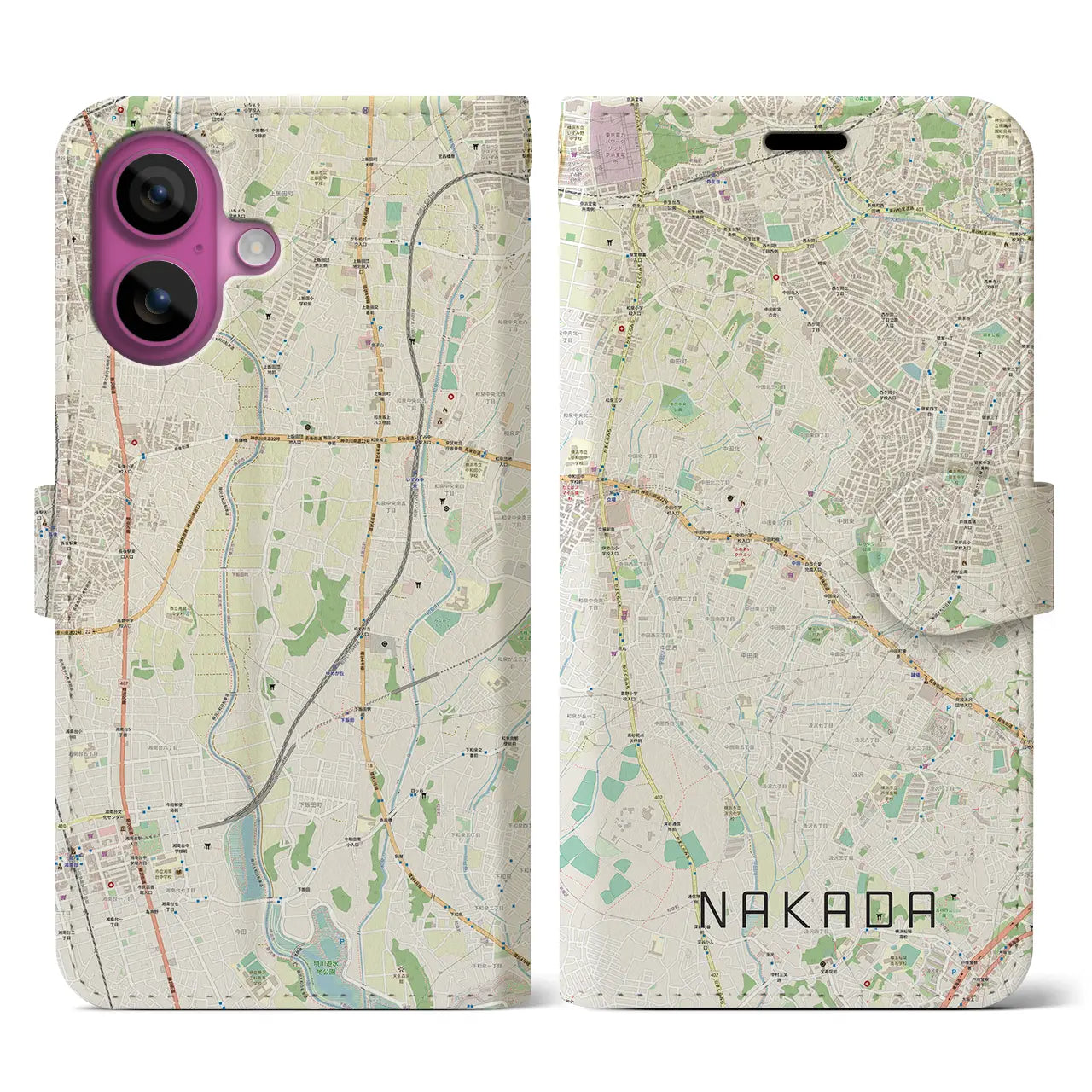 【中田(神奈川県)】地図柄iPhoneケース(手帳タイプ)ナチュラル・iPhone 16 Pro 用
