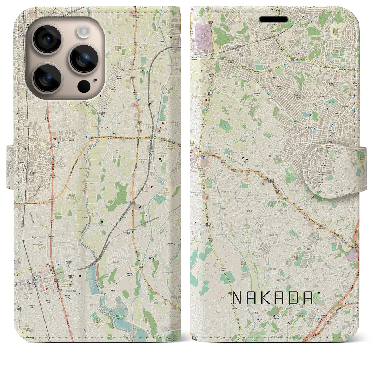 【中田(神奈川県)】地図柄iPhoneケース(手帳タイプ)ナチュラル・iPhone 16 Plus 用