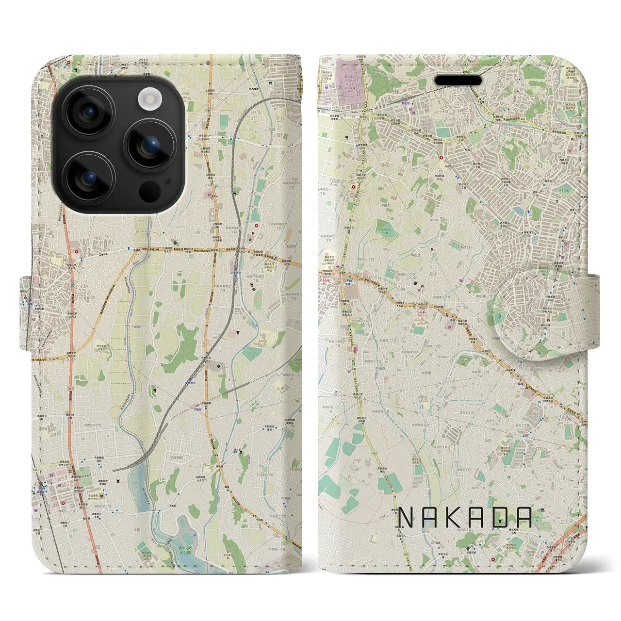 【中田(神奈川県)】地図柄iPhoneケース(手帳タイプ)ナチュラル・iPhone 16 用