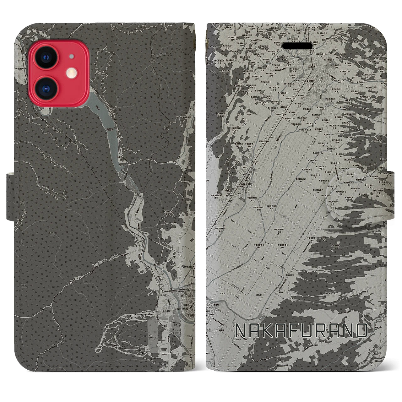 【中富良野(北海道)】地図柄iPhoneケース(手帳タイプ)モノトーン・iPhone 11 用