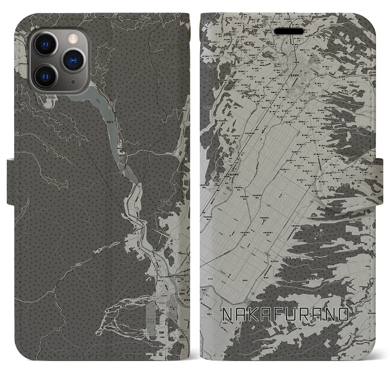 【中富良野(北海道)】地図柄iPhoneケース(手帳タイプ)モノトーン・iPhone 11 Pro Max 用