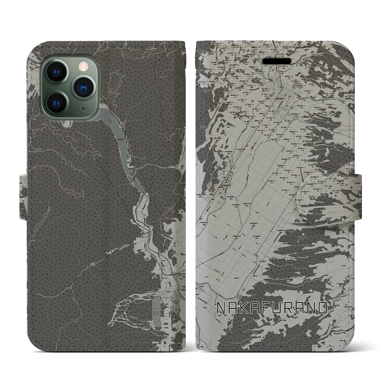 【中富良野(北海道)】地図柄iPhoneケース(手帳タイプ)モノトーン・iPhone 11 Pro 用