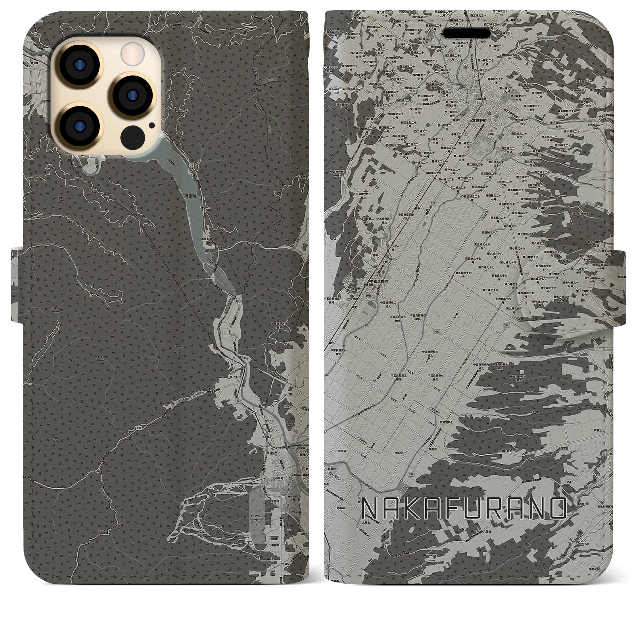 【中富良野(北海道)】地図柄iPhoneケース(手帳タイプ)モノトーン・iPhone 12 Pro Max 用