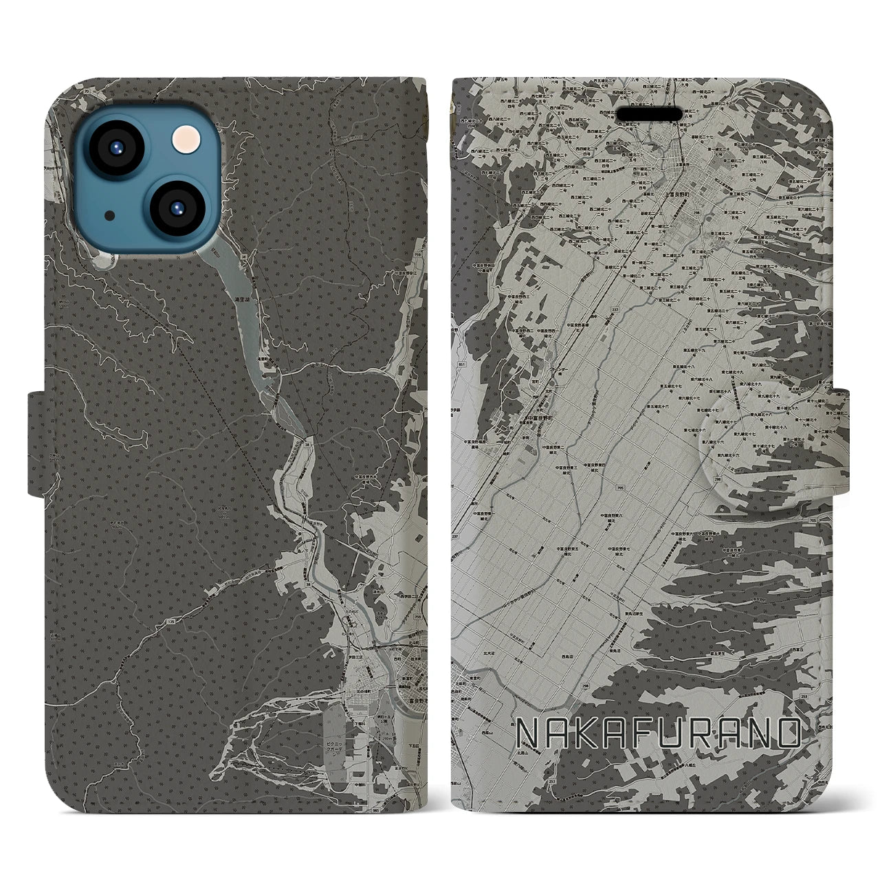 【中富良野(北海道)】地図柄iPhoneケース(手帳タイプ)モノトーン・iPhone 13 用