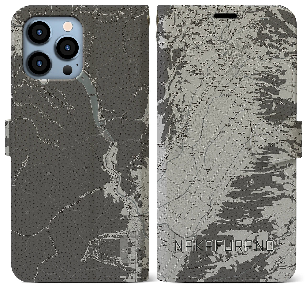【中富良野(北海道)】地図柄iPhoneケース(手帳タイプ)モノトーン・iPhone 13 Pro Max 用