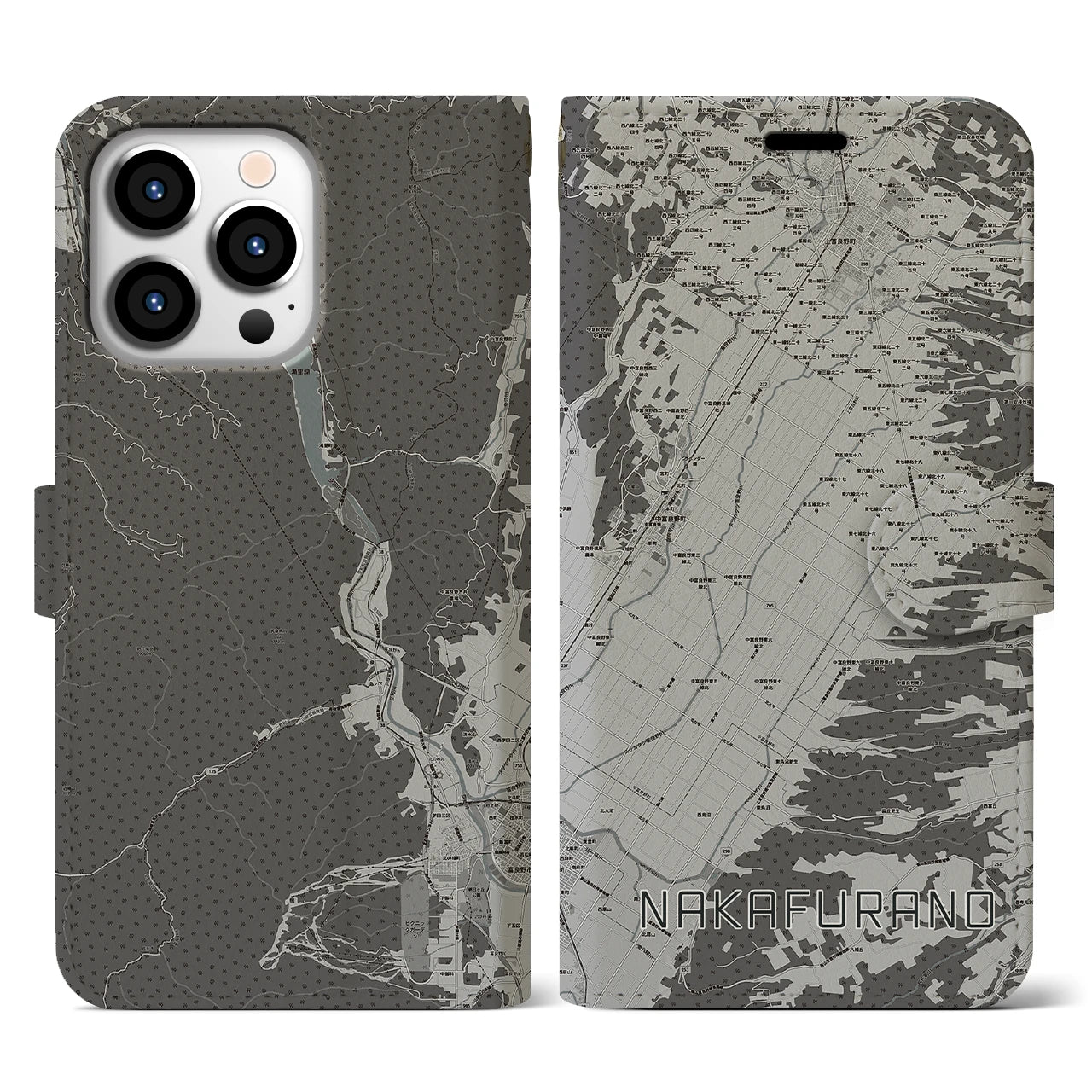 【中富良野(北海道)】地図柄iPhoneケース(手帳タイプ)モノトーン・iPhone 13 Pro 用