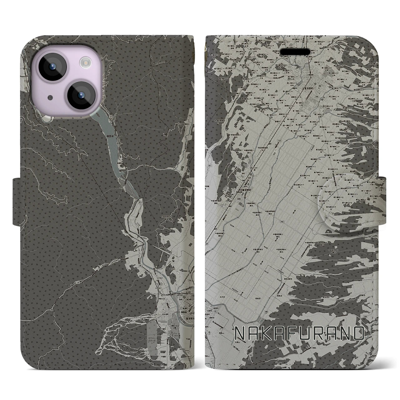 【中富良野(北海道)】地図柄iPhoneケース(手帳タイプ)モノトーン・iPhone 14 用