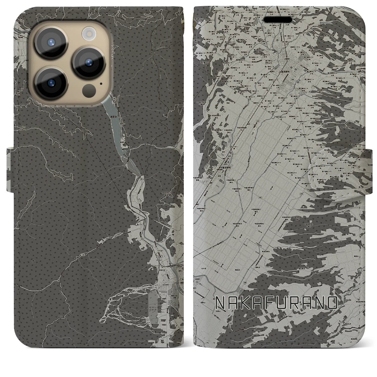 【中富良野(北海道)】地図柄iPhoneケース(手帳タイプ)モノトーン・iPhone 14 Pro Max 用