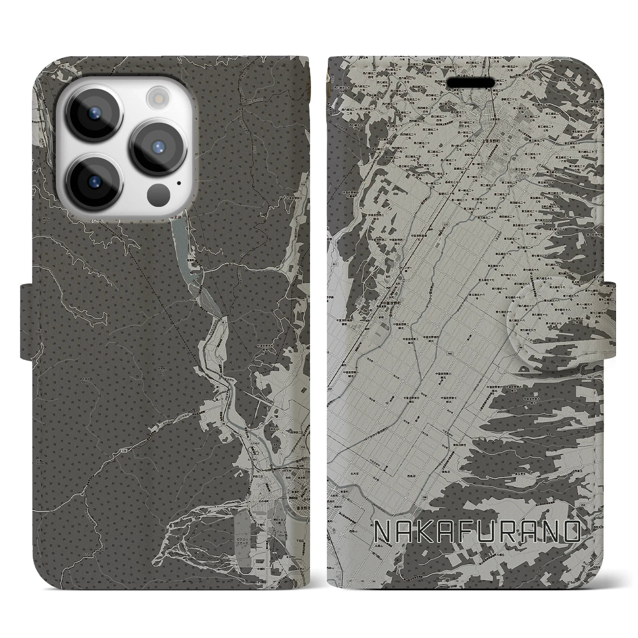 【中富良野(北海道)】地図柄iPhoneケース(手帳タイプ)モノトーン・iPhone 14 Pro 用