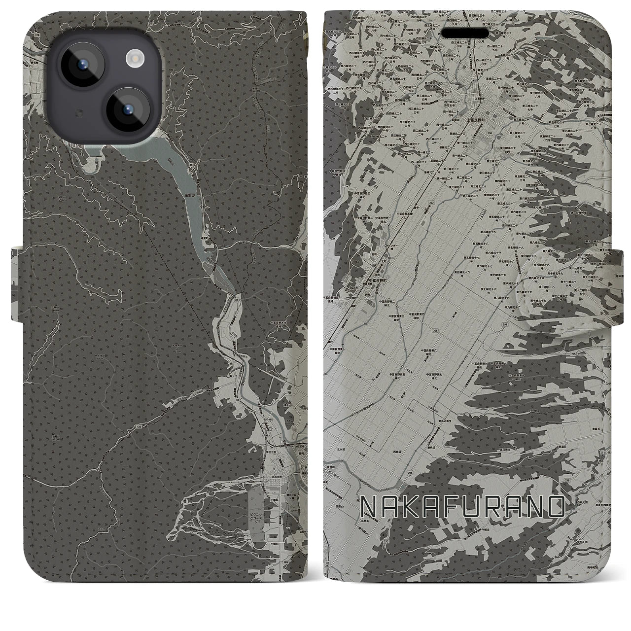 【中富良野(北海道)】地図柄iPhoneケース(手帳タイプ)モノトーン・iPhone 14 Plus 用