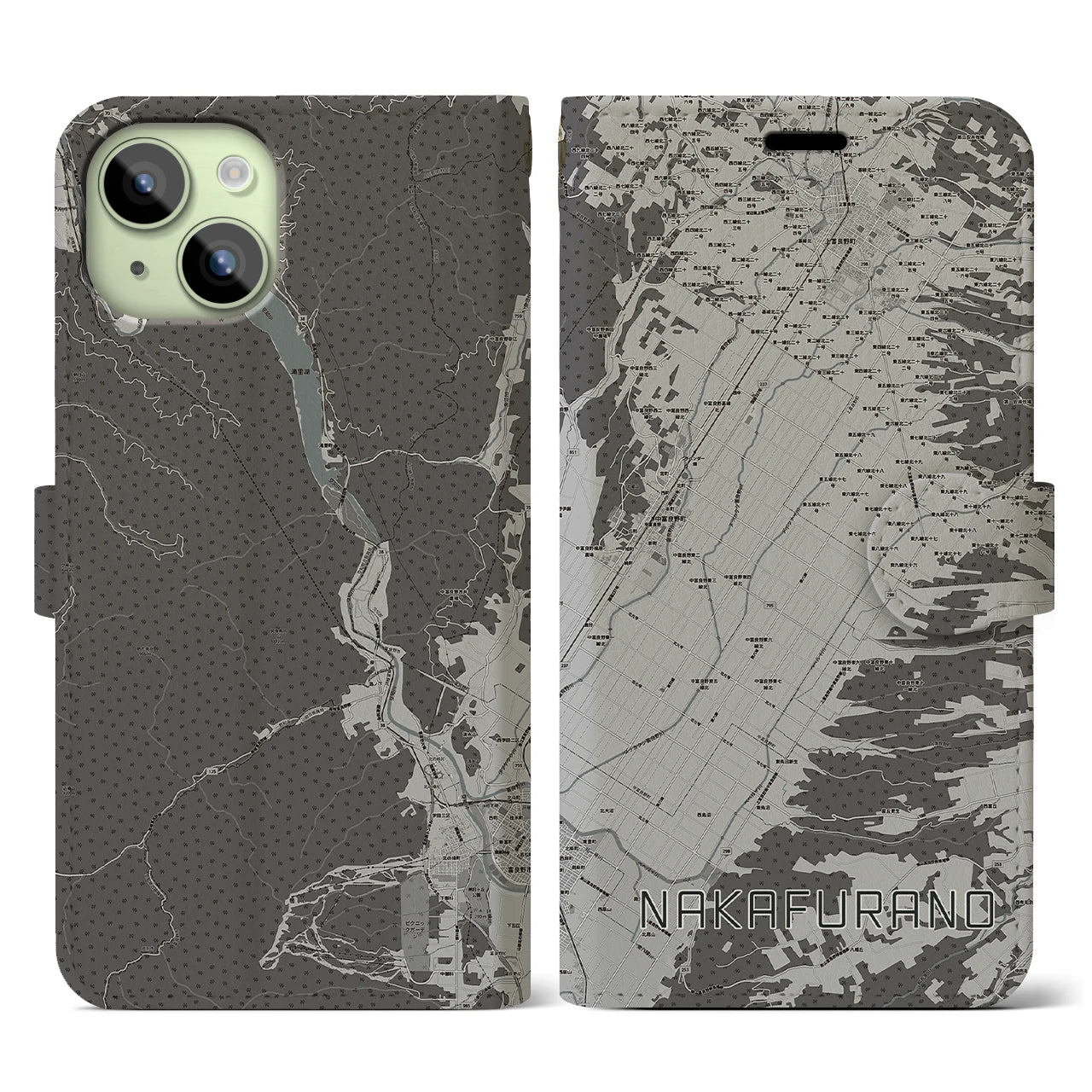 【中富良野(北海道)】地図柄iPhoneケース(手帳タイプ)モノトーン・iPhone 15 用