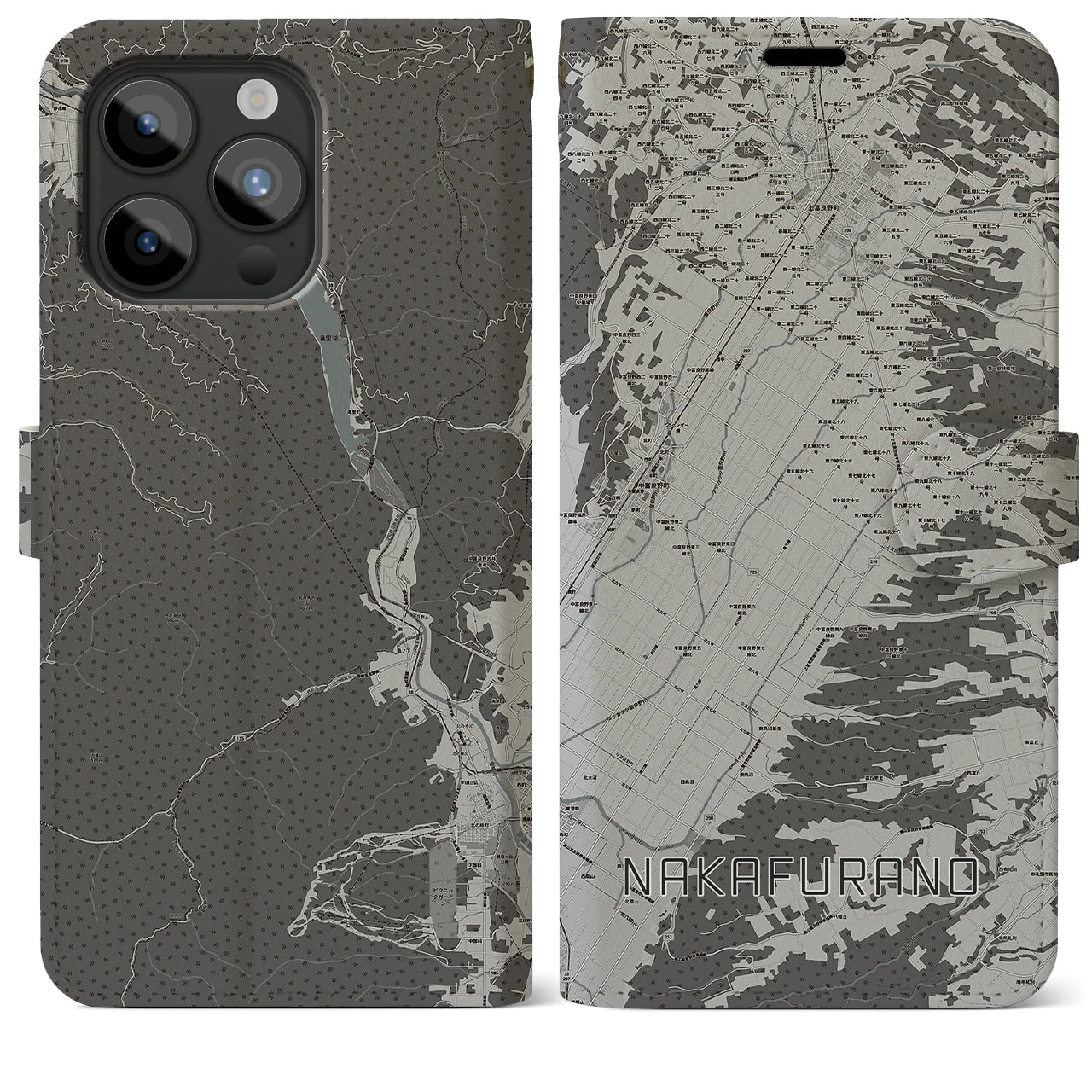 【中富良野(北海道)】地図柄iPhoneケース(手帳タイプ)モノトーン・iPhone 15 Pro Max 用
