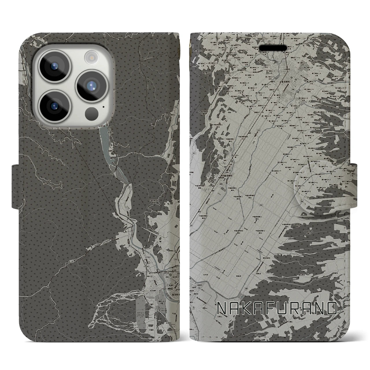 【中富良野(北海道)】地図柄iPhoneケース(手帳タイプ)モノトーン・iPhone 15 Pro 用