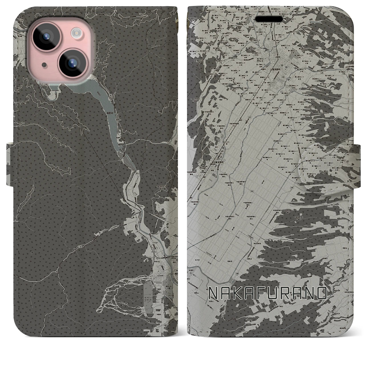 【中富良野(北海道)】地図柄iPhoneケース(手帳タイプ)モノトーン・iPhone 15 Plus 用