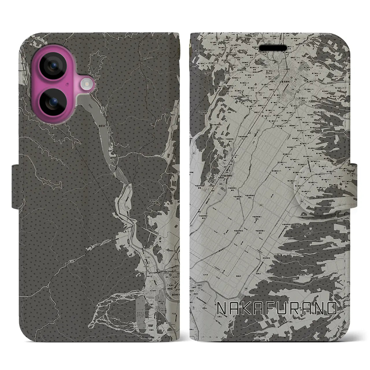 【中富良野(北海道)】地図柄iPhoneケース(手帳タイプ)モノトーン・iPhone 16 Pro 用