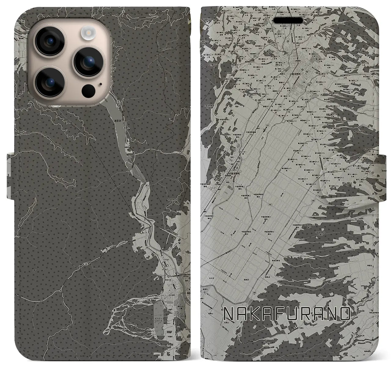 【中富良野(北海道)】地図柄iPhoneケース(手帳タイプ)モノトーン・iPhone 16 Plus 用