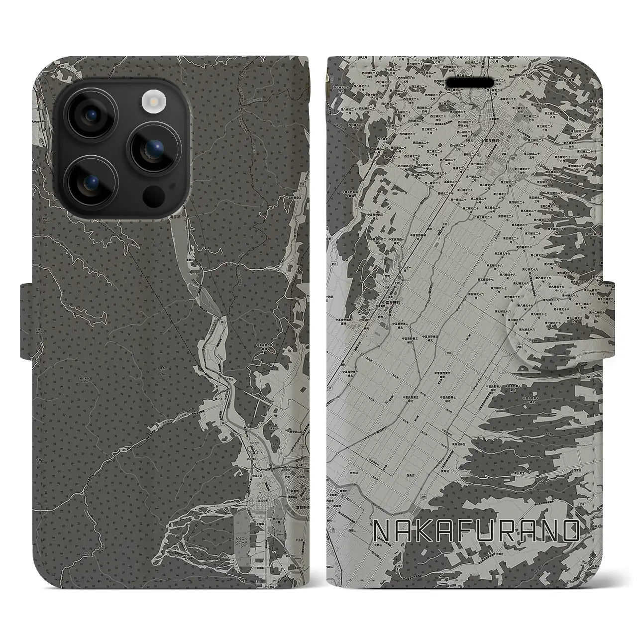 【中富良野(北海道)】地図柄iPhoneケース(手帳タイプ)モノトーン・iPhone 16 用