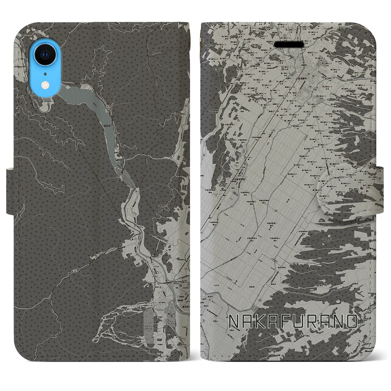 【中富良野(北海道)】地図柄iPhoneケース(手帳タイプ)モノトーン・iPhone XR 用