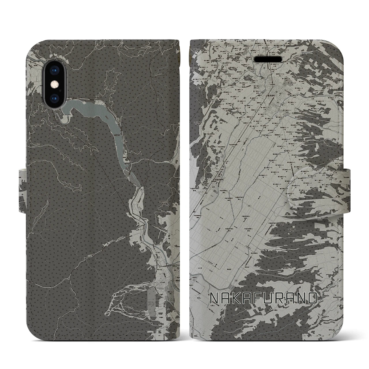 【中富良野(北海道)】地図柄iPhoneケース(手帳タイプ)モノトーン・iPhone XS / X 用