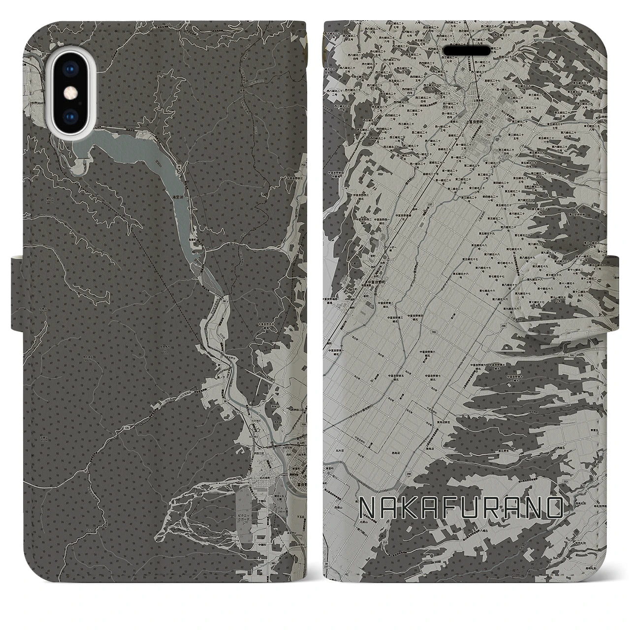 【中富良野(北海道)】地図柄iPhoneケース(手帳タイプ)モノトーン・iPhone XS Max 用