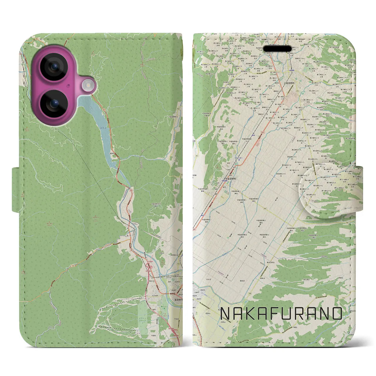 【中富良野(北海道)】地図柄iPhoneケース(手帳タイプ)ナチュラル・iPhone 16 Pro 用