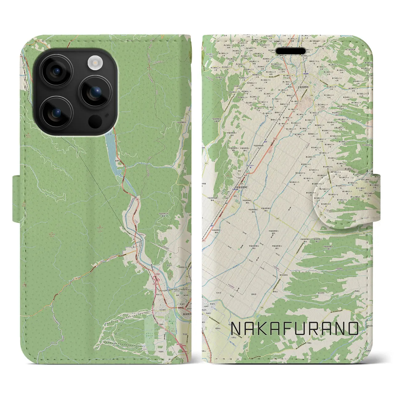 【中富良野(北海道)】地図柄iPhoneケース(手帳タイプ)ナチュラル・iPhone 16 用