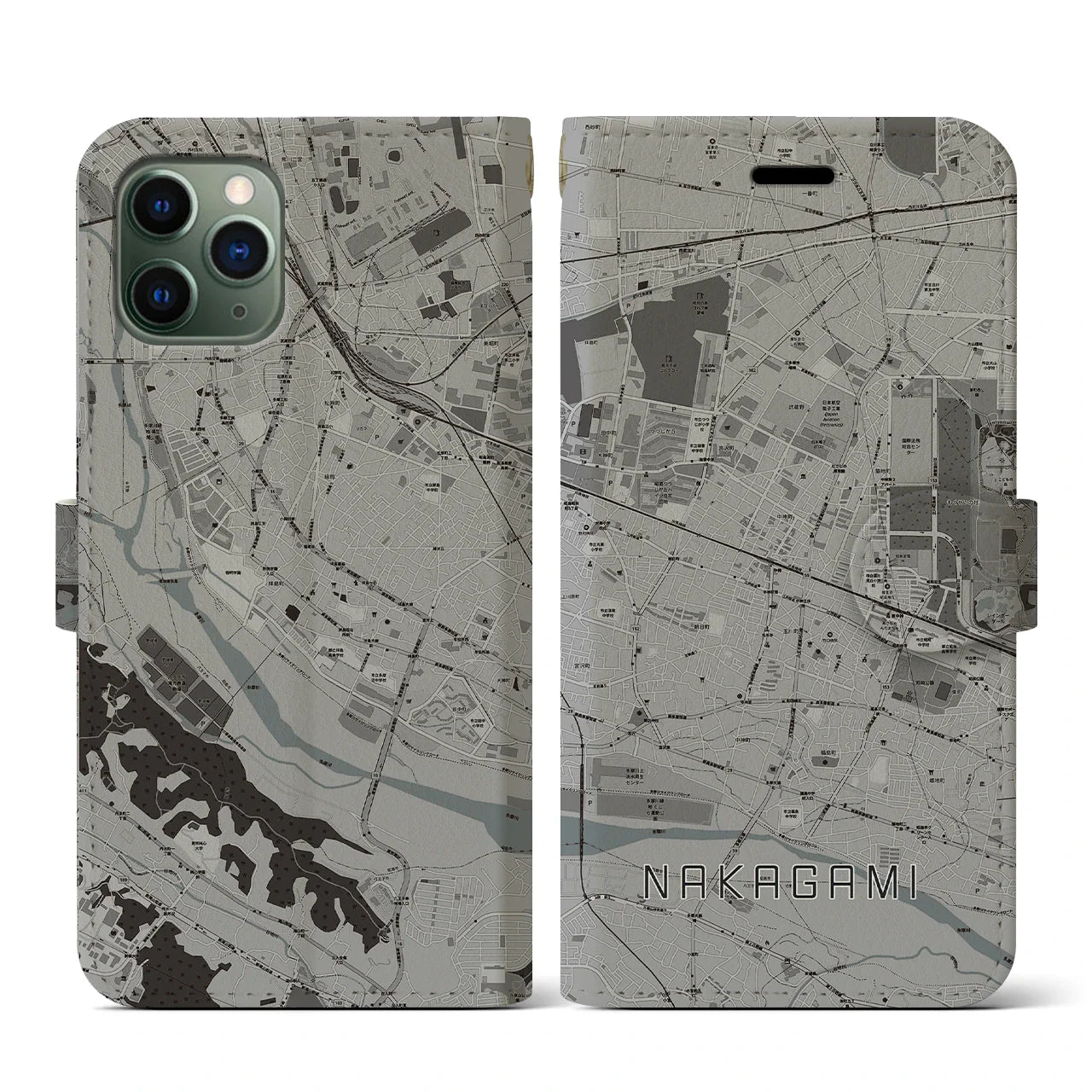【中神(東京都)】地図柄iPhoneケース(手帳タイプ)モノトーン・iPhone 11 Pro 用