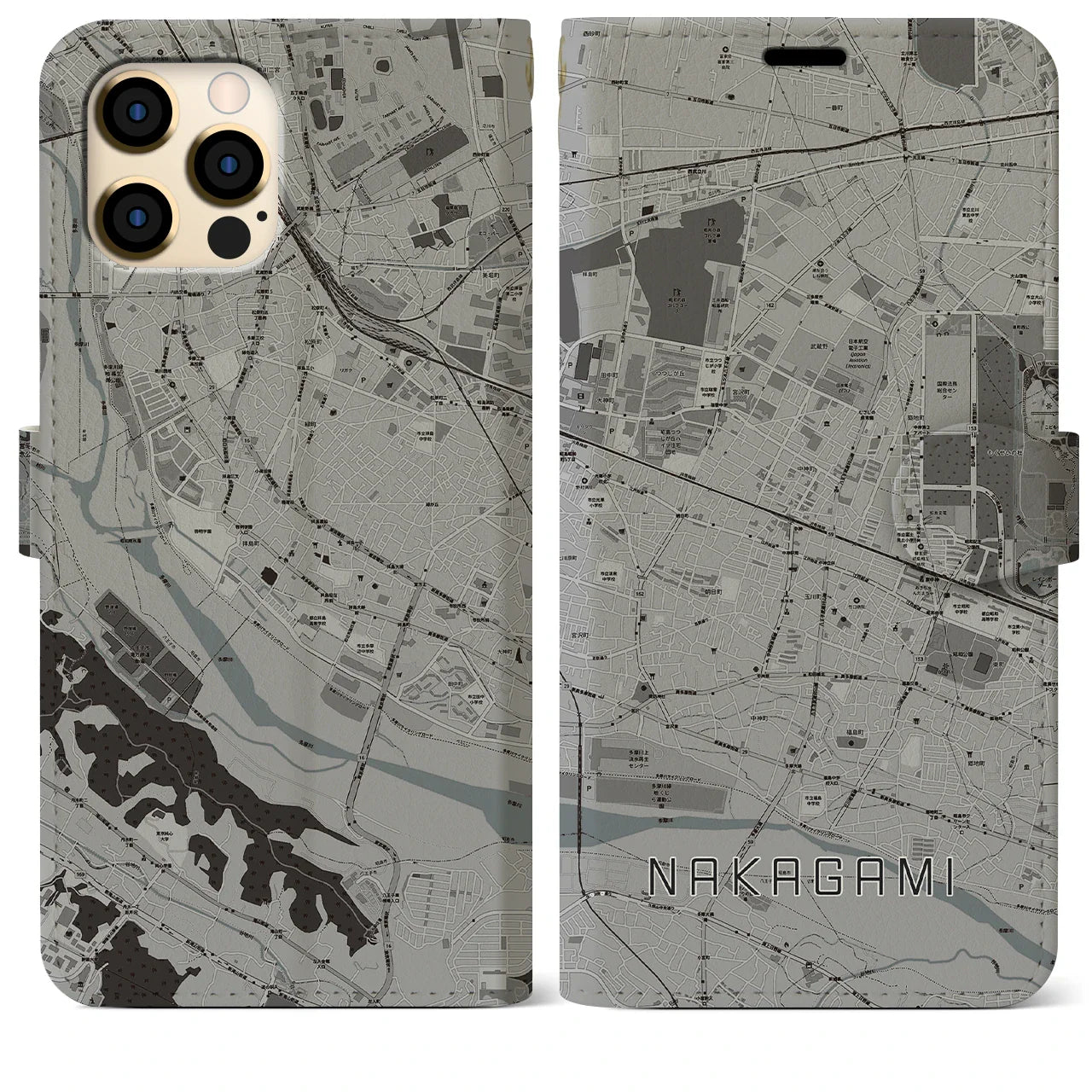 【中神(東京都)】地図柄iPhoneケース(手帳タイプ)モノトーン・iPhone 12 Pro Max 用