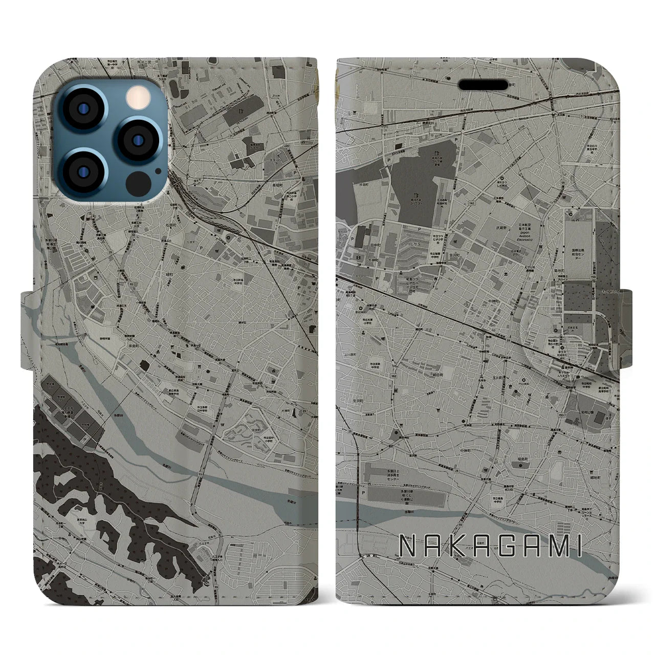 【中神(東京都)】地図柄iPhoneケース(手帳タイプ)モノトーン・iPhone 12 / 12 Pro 用