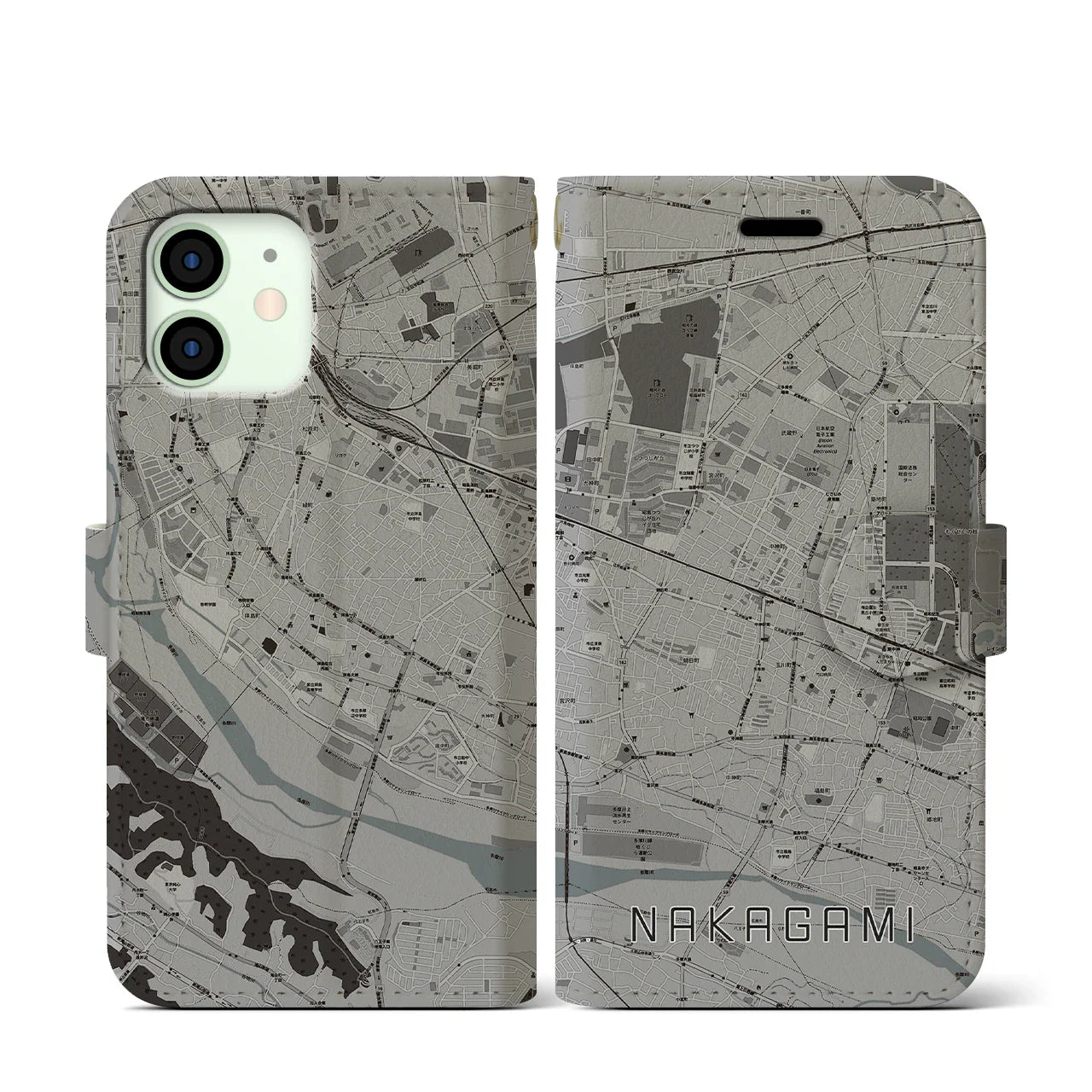 【中神(東京都)】地図柄iPhoneケース(手帳タイプ)モノトーン・iPhone 12 mini 用