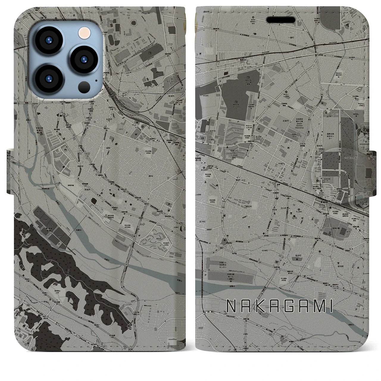 【中神(東京都)】地図柄iPhoneケース(手帳タイプ)モノトーン・iPhone 13 Pro Max 用