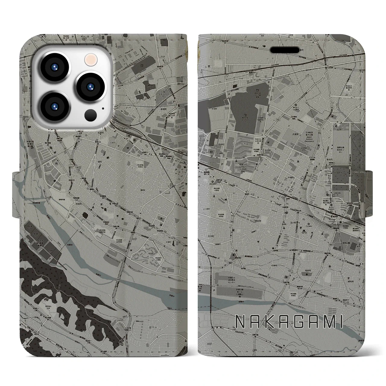 【中神(東京都)】地図柄iPhoneケース(手帳タイプ)モノトーン・iPhone 13 Pro 用