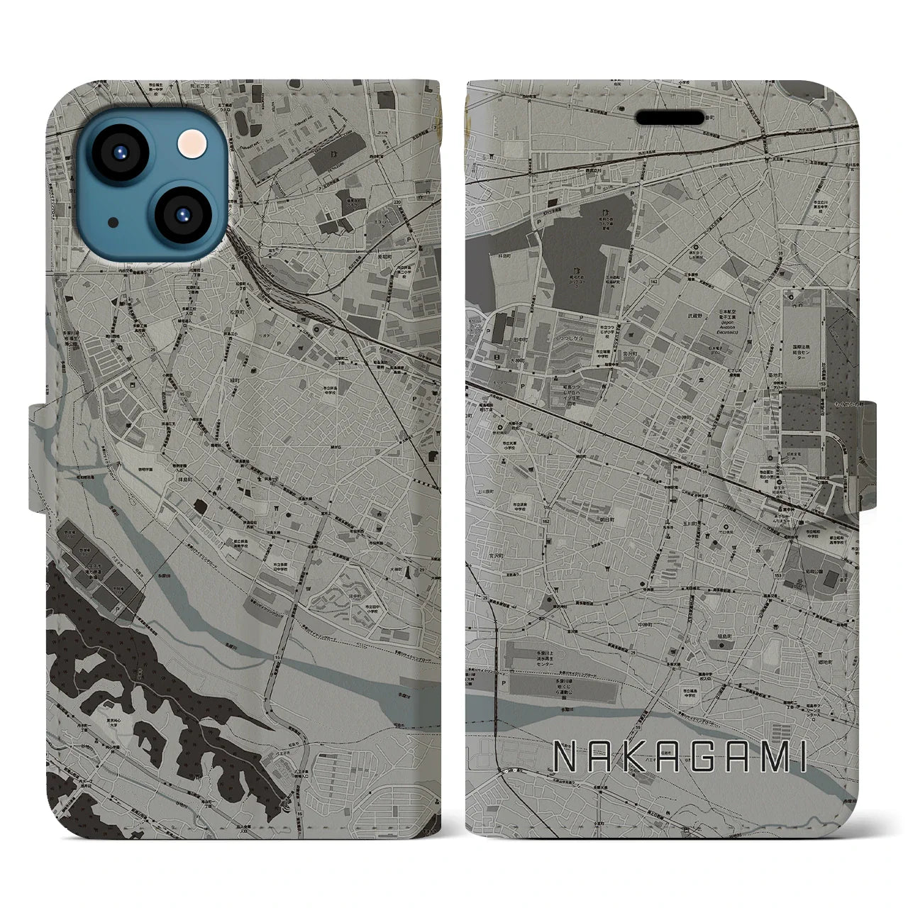 【中神(東京都)】地図柄iPhoneケース(手帳タイプ)モノトーン・iPhone 13 用